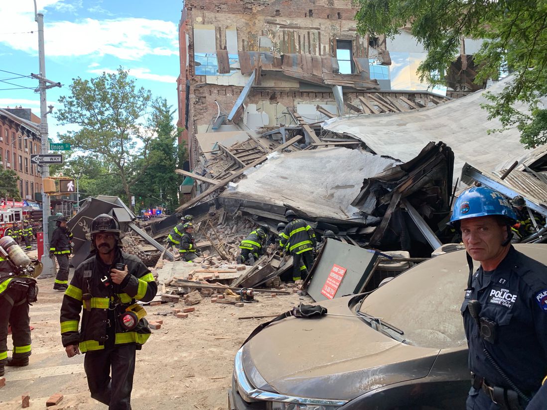 Photographs of the collapsed building at 348 Court Street and the FDNY response.